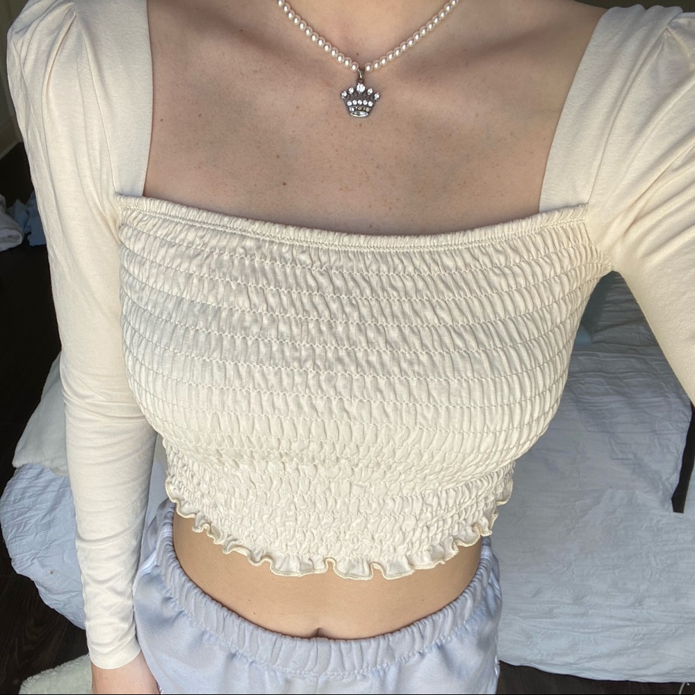 Topshop Womens Cream Sqaure Neck Long Puff Sleeve